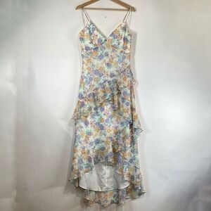 WAYF Womens Floral Ruffled Hi Low Dress Size L Ethereal Crisscross Tie Back